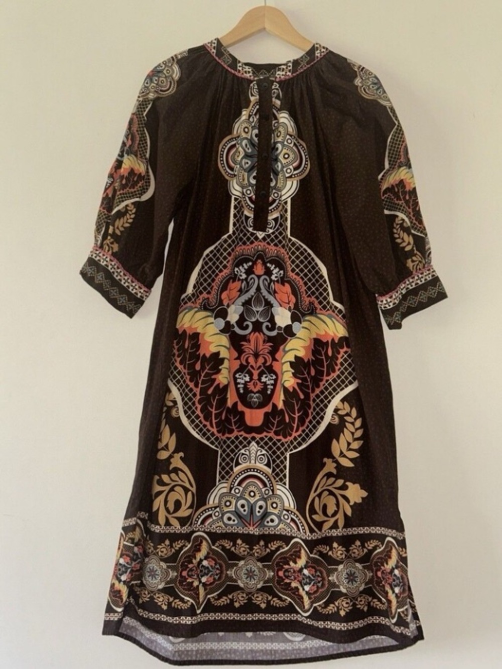 Blank London Brown Bohemian Midi Dress Short Puff Sleeve Medium 100% Cotton
